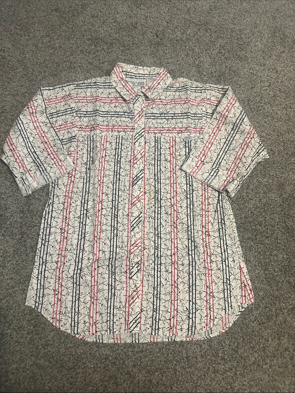 Short-Sleeve Button-Up Shirt in White with Navy & Red Stripes